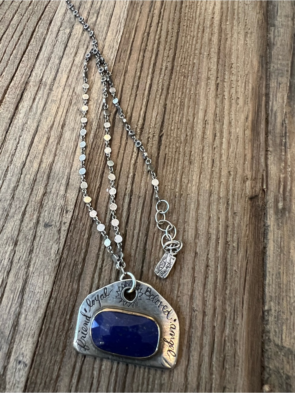 Silver Necklace with Deep Blue Stone Pendant - Inspirational Accent